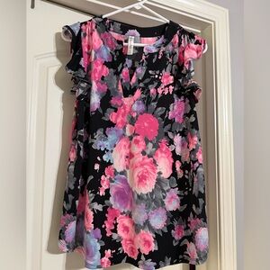 Dear Scarlett Flutter Sleeve Floral V-Neck Blouse Pink Black Purple Gray new M